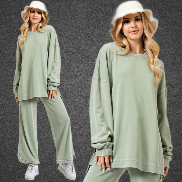EASEL "So Comfy" Mineral Washed Tunic Top in Sage Statement Side Slits Crew Neck - Picture 10 of 14